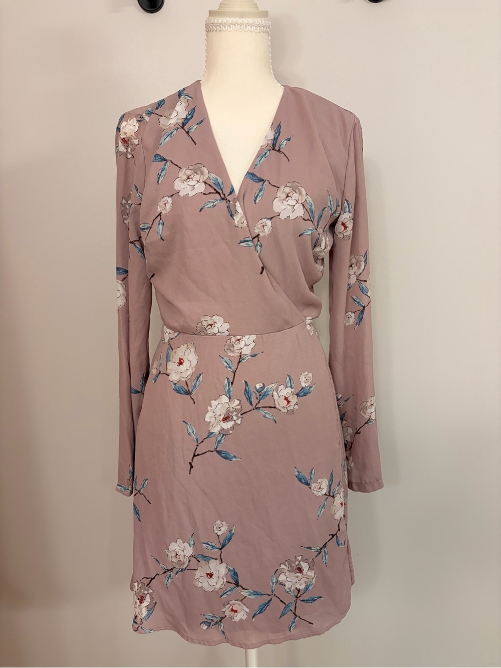 Lush Dusty Mauve Floral Faux-Wrap Long Sleeve Dress
